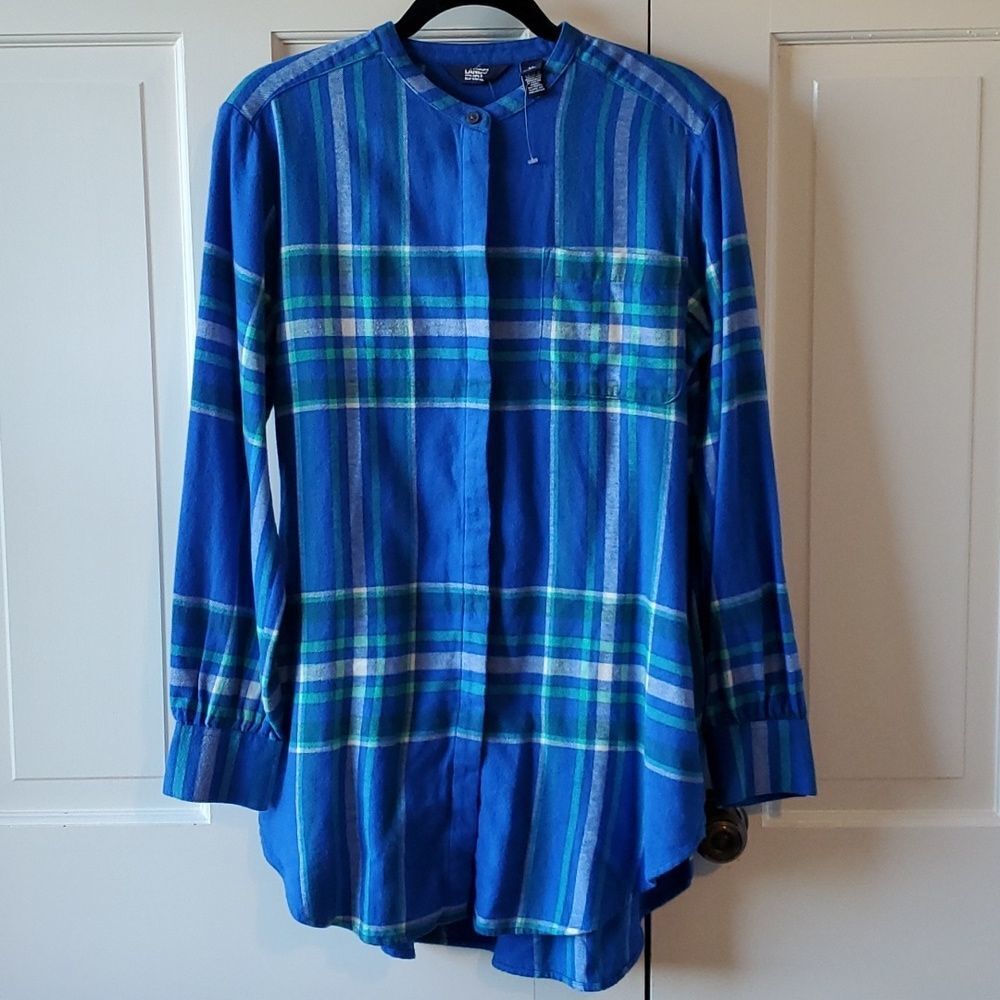 NWT LANDS' END FLANNEL BRIGHT BLUE PLAID COLLARLESS TUNIC SIZE MEDIUM